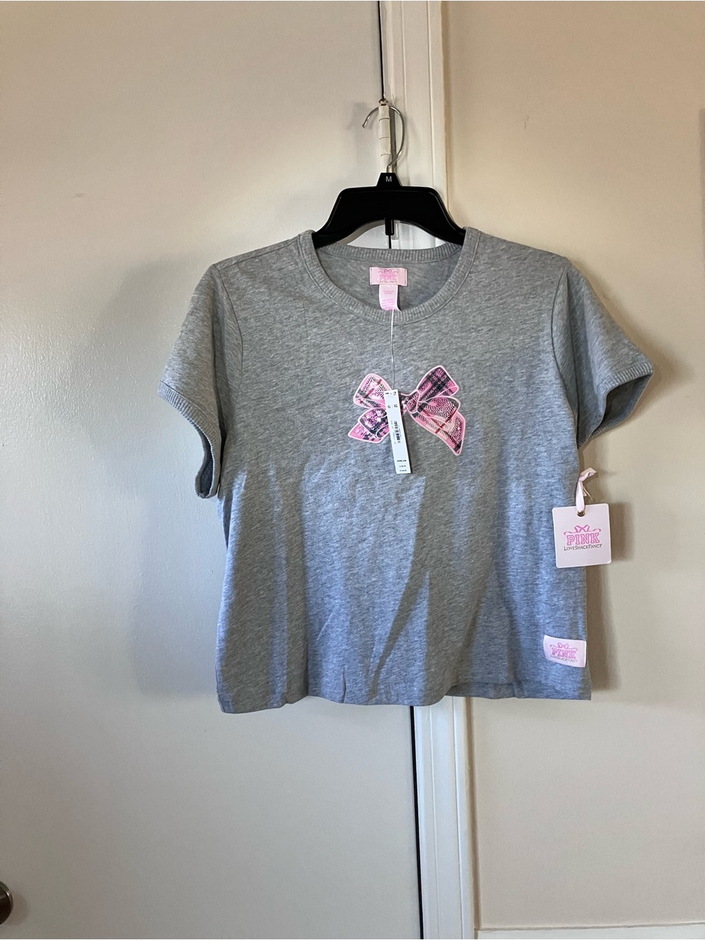 PINK Victoria's Secret Grey Tee with Pink Plaid Bow